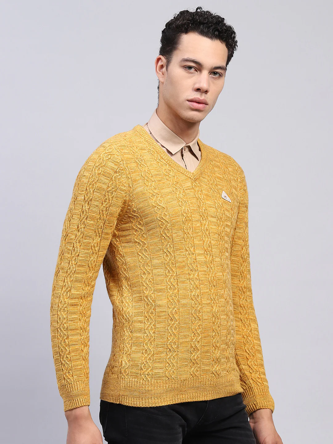 Men Yellow Self Design V Neck Full Sleeve Pullover - Image 4