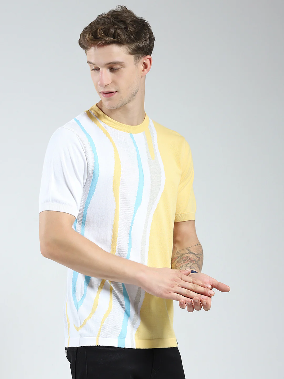 Men Yellow Self Design Round Neck Half Sleeve T-Shirt - Image 4
