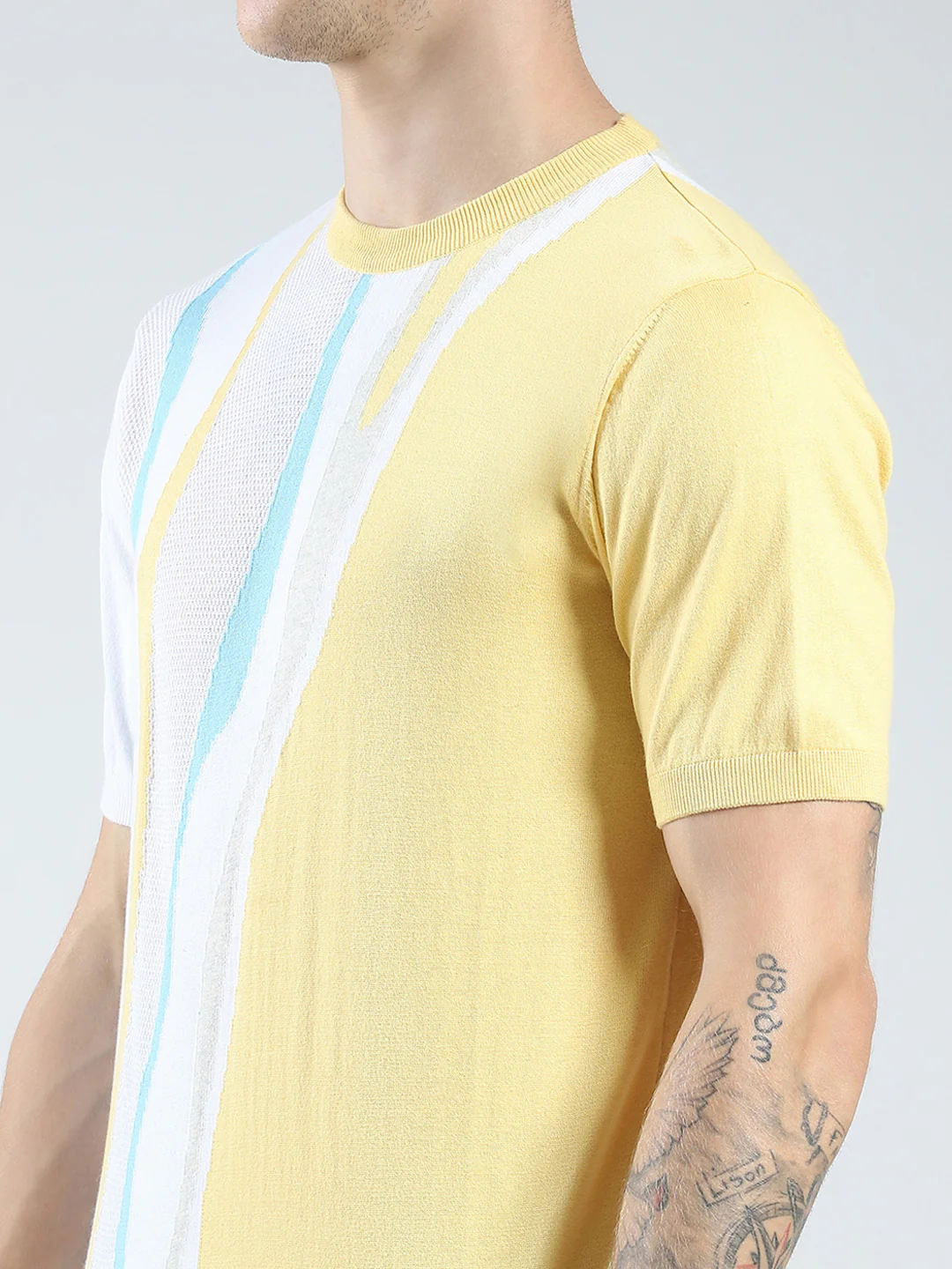 Men Yellow Self Design Round Neck Half Sleeve T-Shirt - Image 6