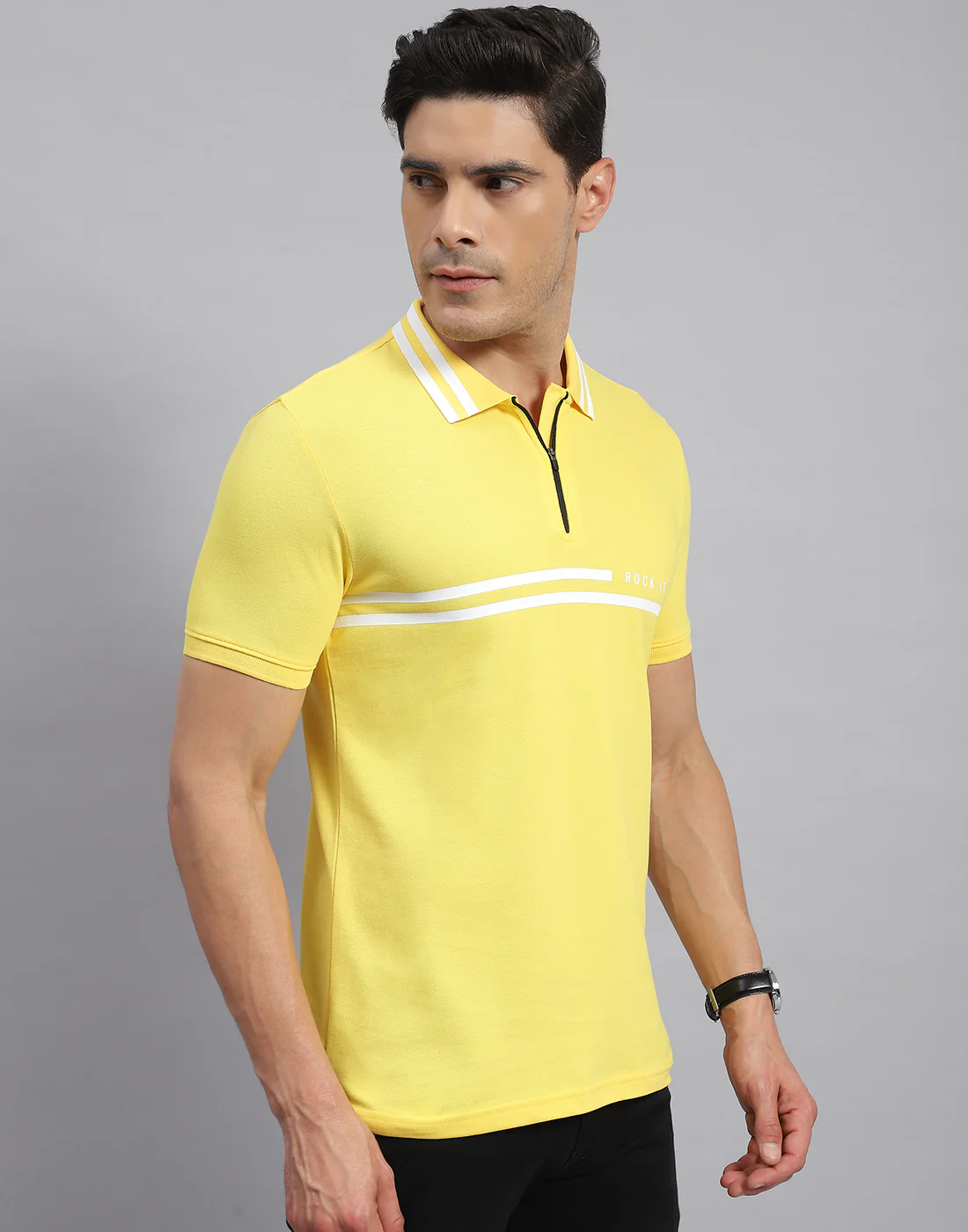 Rock.it Men Yellow Solid Collar Half Sleeve T-Shirt - Image 4