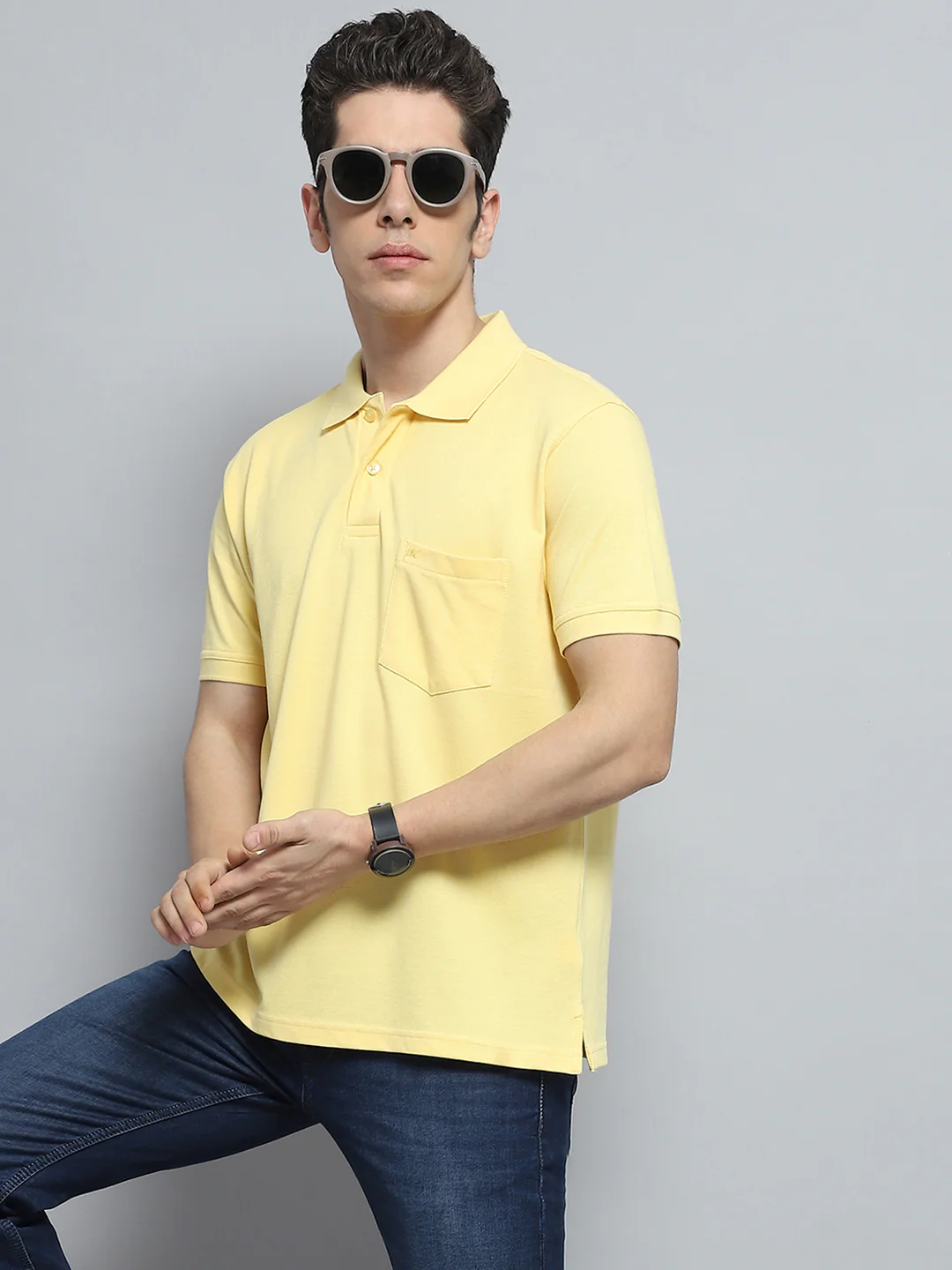 Men Yellow Solid Collar Half Sleeve T-Shirt - Image 6