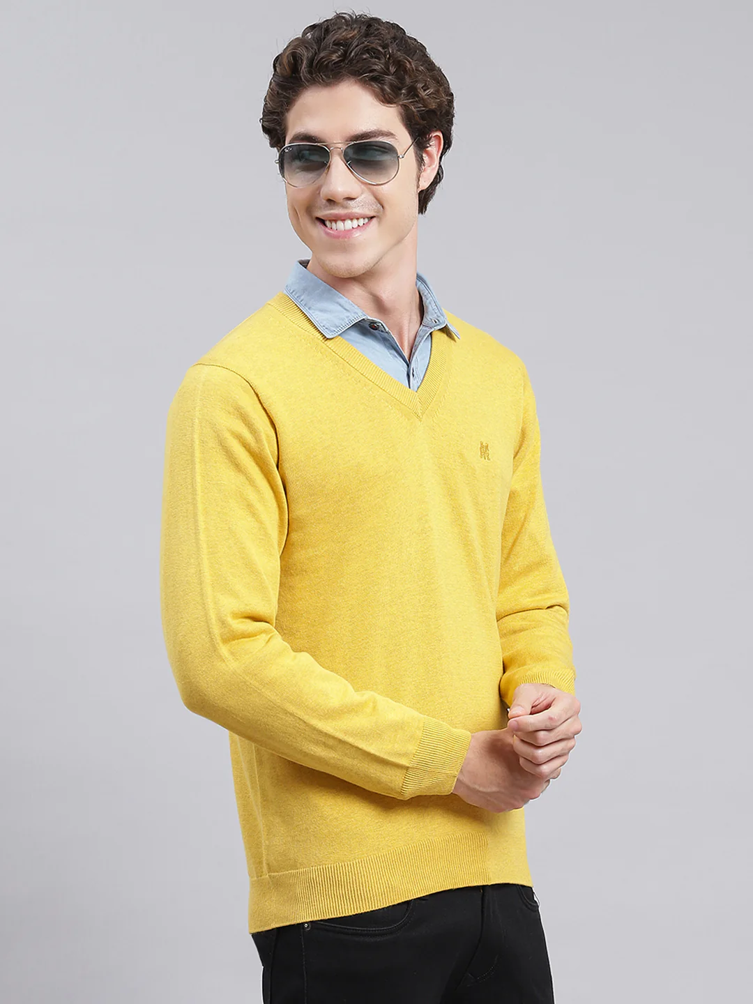 Men Yellow Solid Cotton Pullover - Image 3