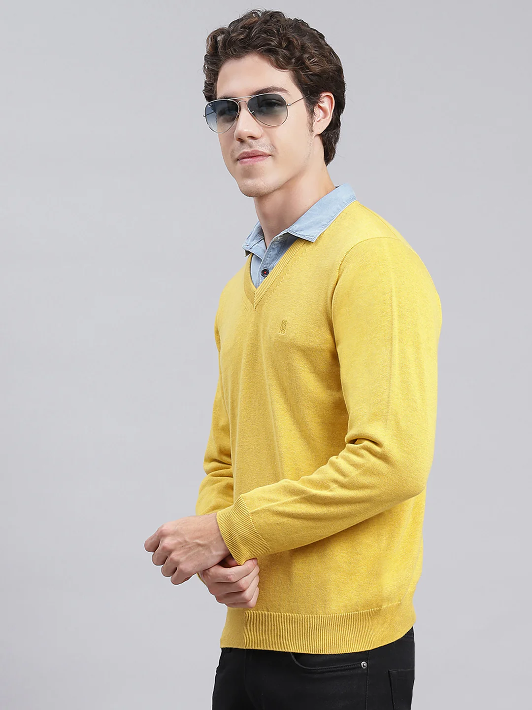 Men Yellow Solid Cotton Pullover - Image 4