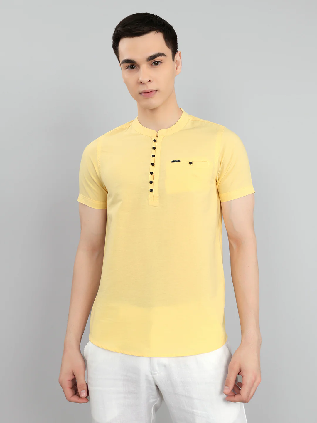 Men Yellow Solid Henley Neck Half Sleeve Kurta