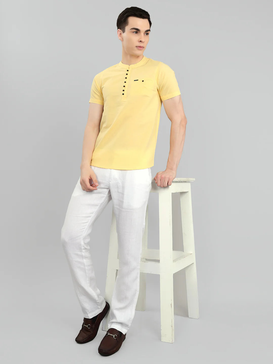 Men Yellow Solid Henley Neck Half Sleeve Kurta - Image 6