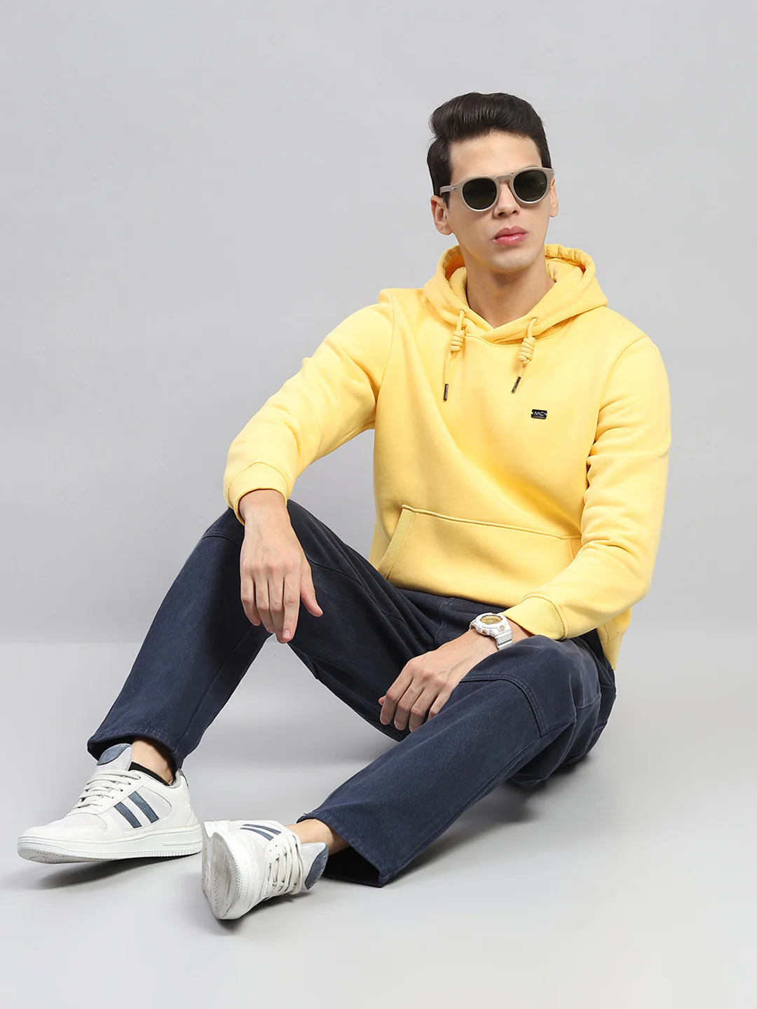 Men Yellow Solid Hooded Full Sleeve Sweatshirt - Image 2