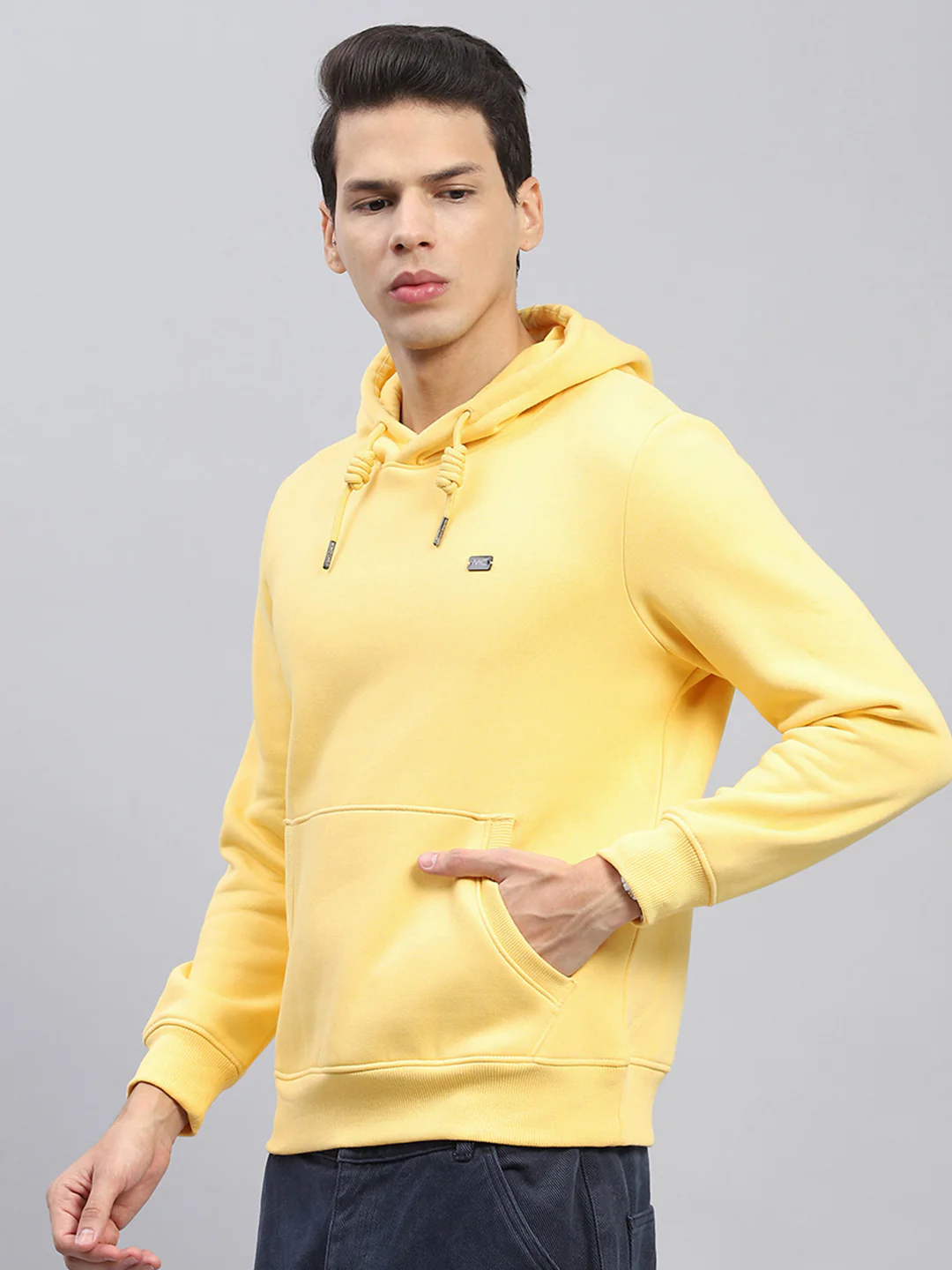Men Yellow Solid Hooded Full Sleeve Sweatshirt - Image 3