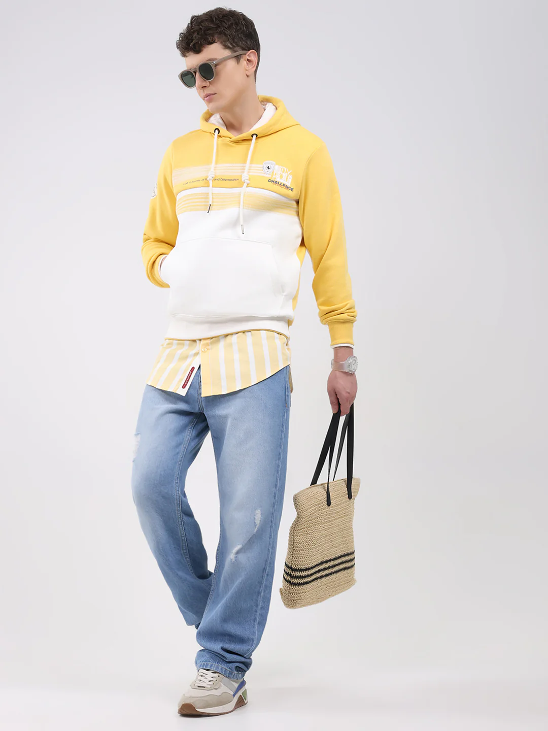 Men Yellow Solid Hooded Full Sleeve Sweatshirt - Image 2