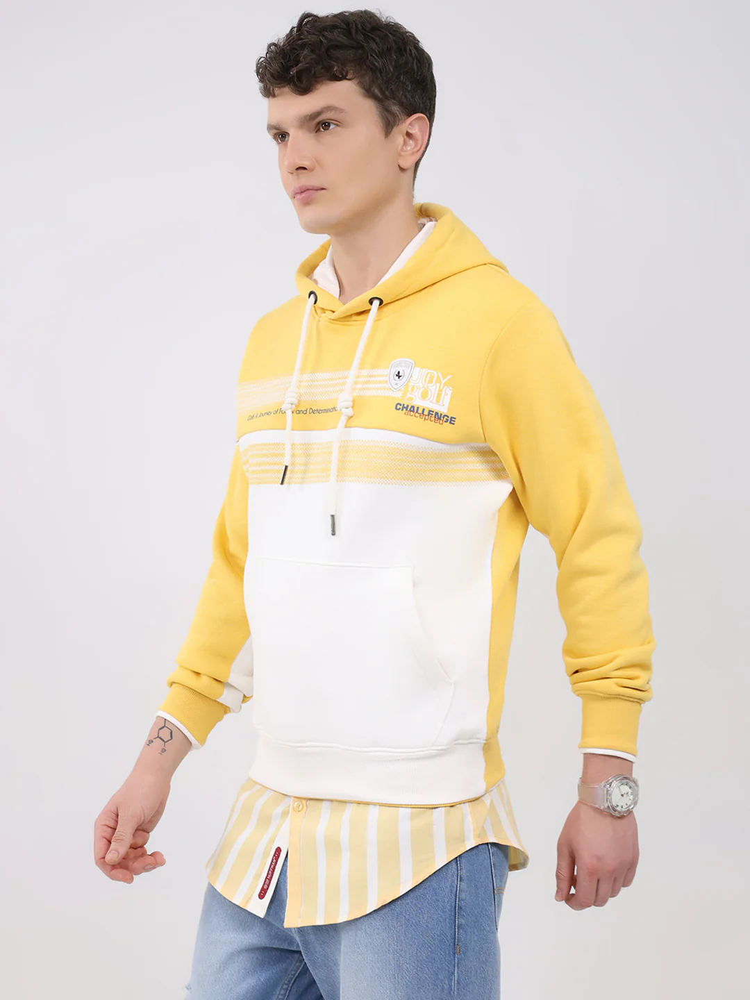 Men Yellow Solid Hooded Full Sleeve Sweatshirt - Image 3