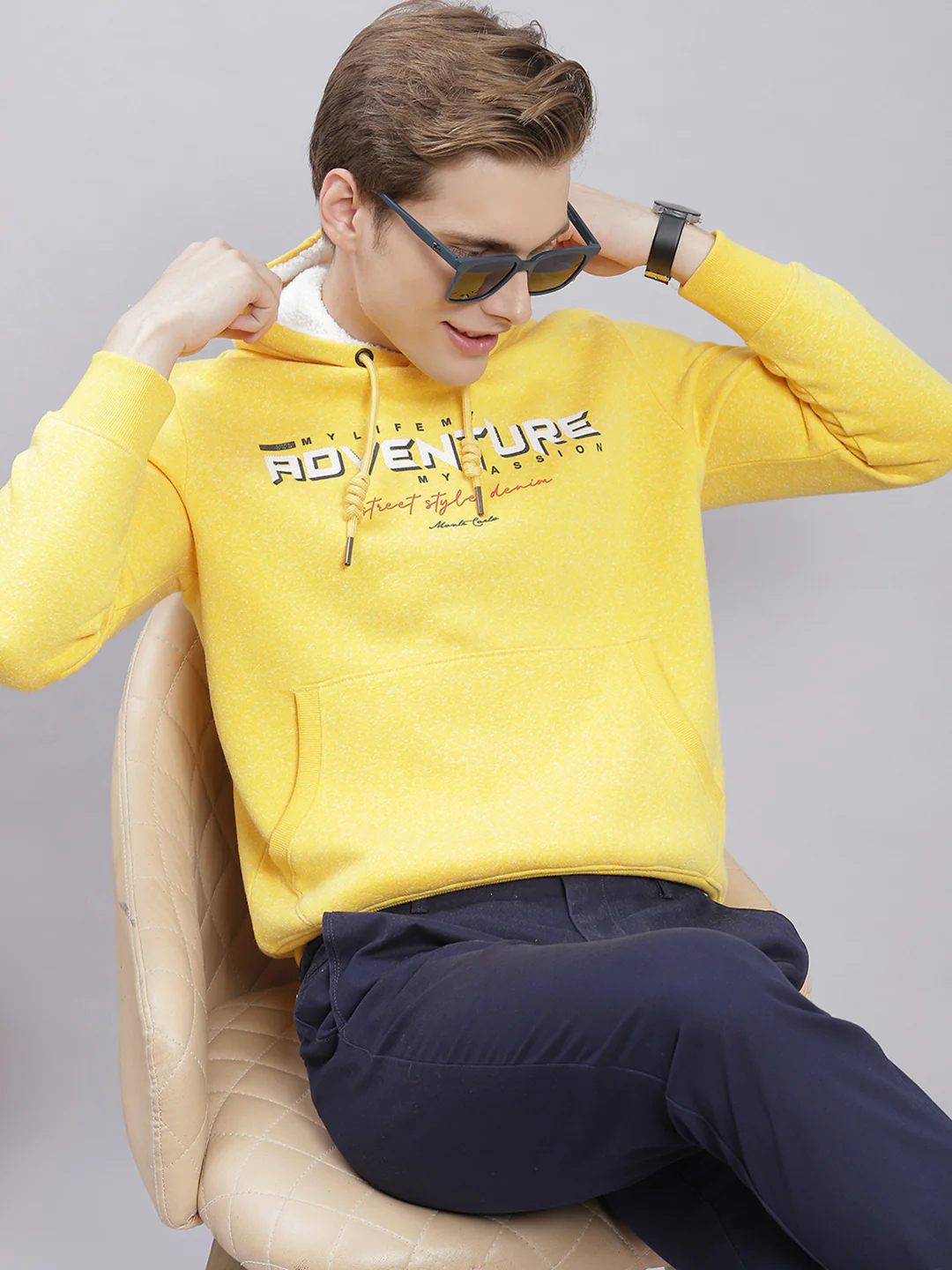 Men Yellow Solid Hooded Full Sleeve Sweatshirts - Image 2