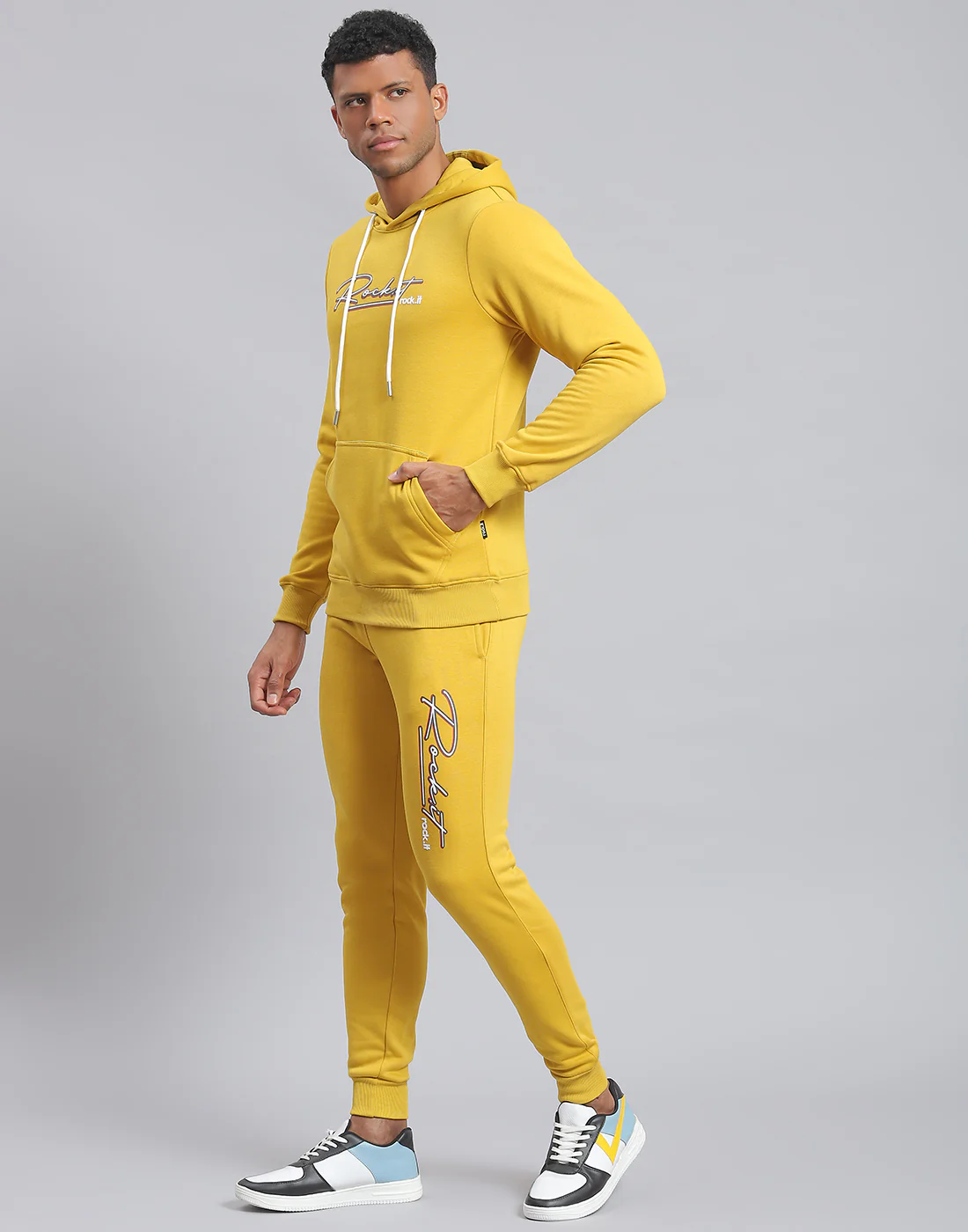 Rock.it Men Yellow Solid Hooded Full Sleeve Tracksuit - Image 3