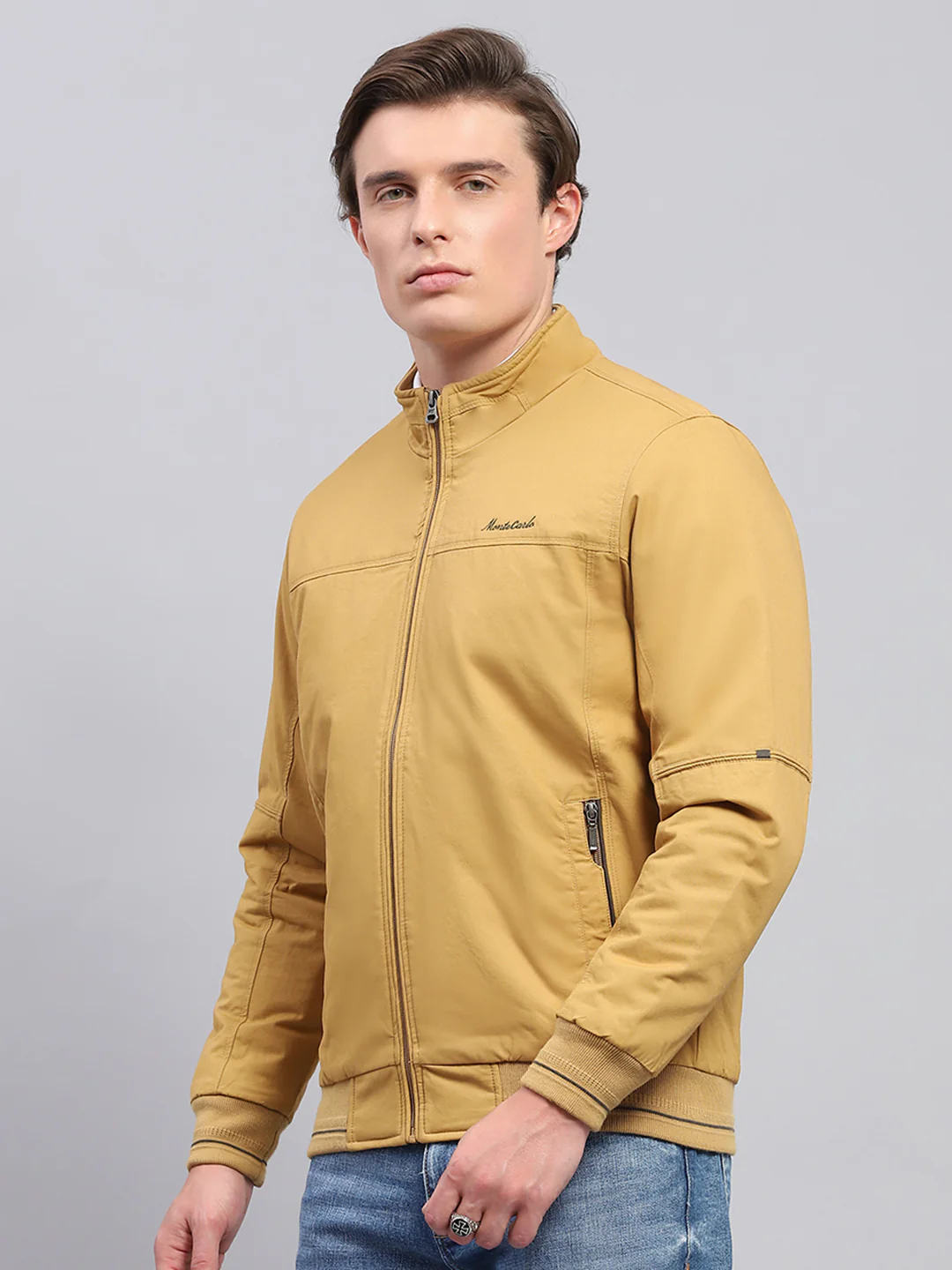 Men Yellow Solid Mock Neck Full Sleeve Jacket - Image 3