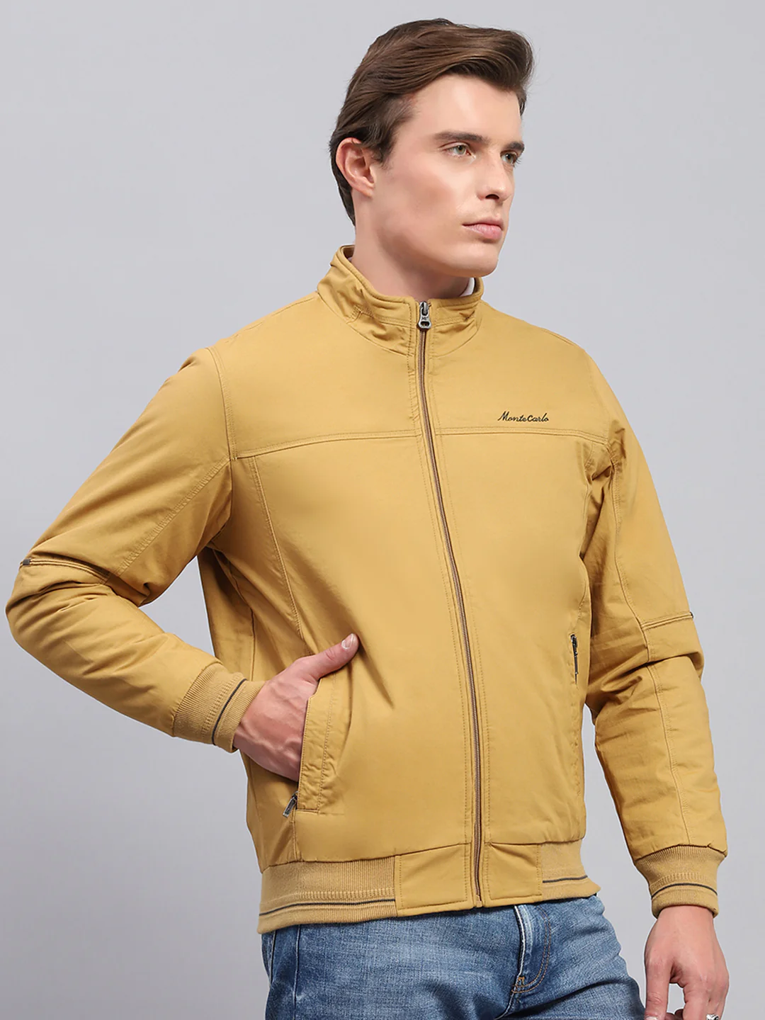 Men Yellow Solid Mock Neck Full Sleeve Jacket - Image 4