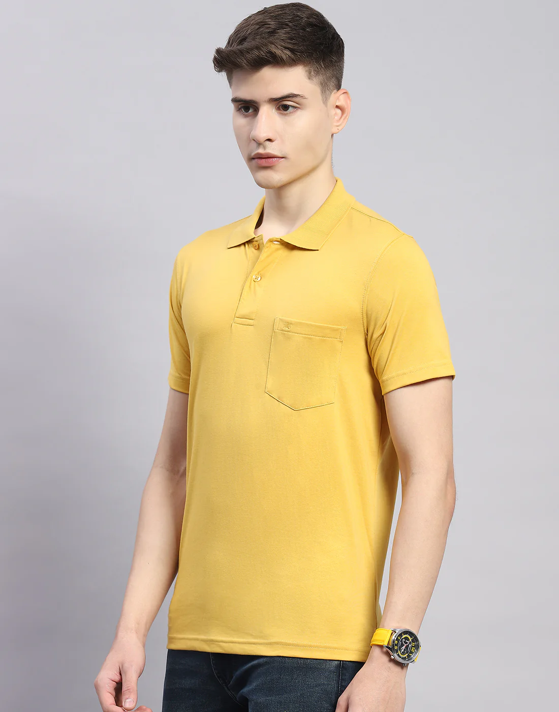 Men Yellow Solid Polo Collar Half Sleeve T-Shirt - Image 3