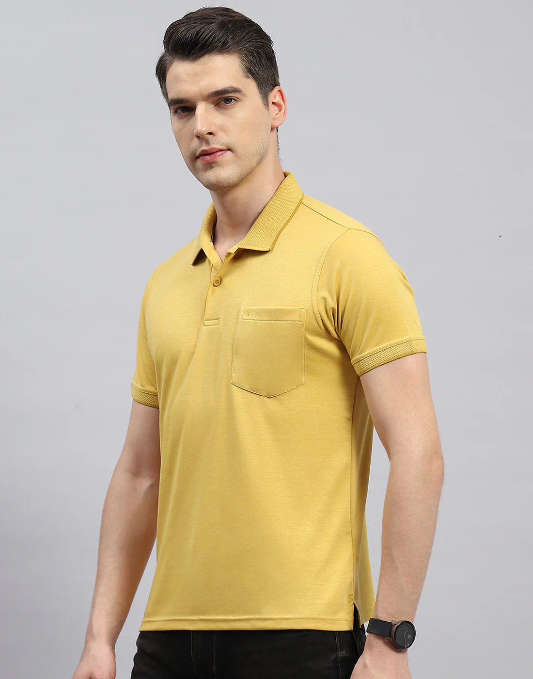 Men Yellow Solid Polo Collar Half Sleeve T-Shirt - Image 3