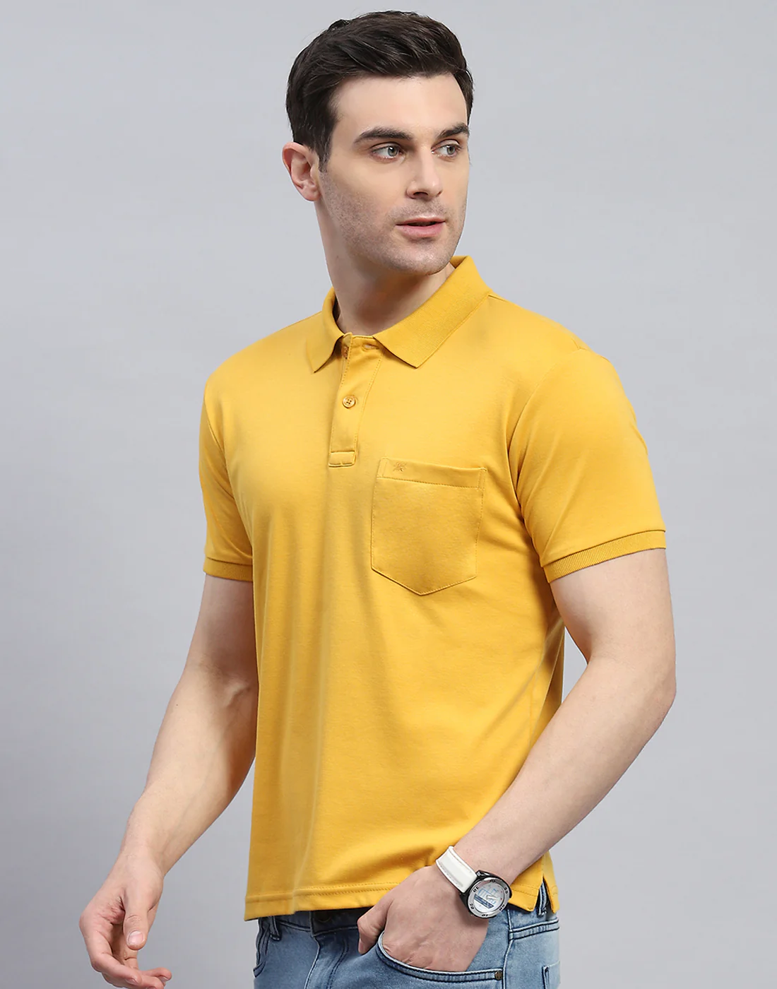 Men Yellow Solid Polo Collar Half Sleeve T-Shirt - Image 3