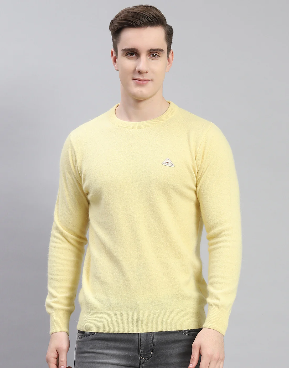 Men Yellow Solid Round Neck Full Sleeve Pullover - Image 3