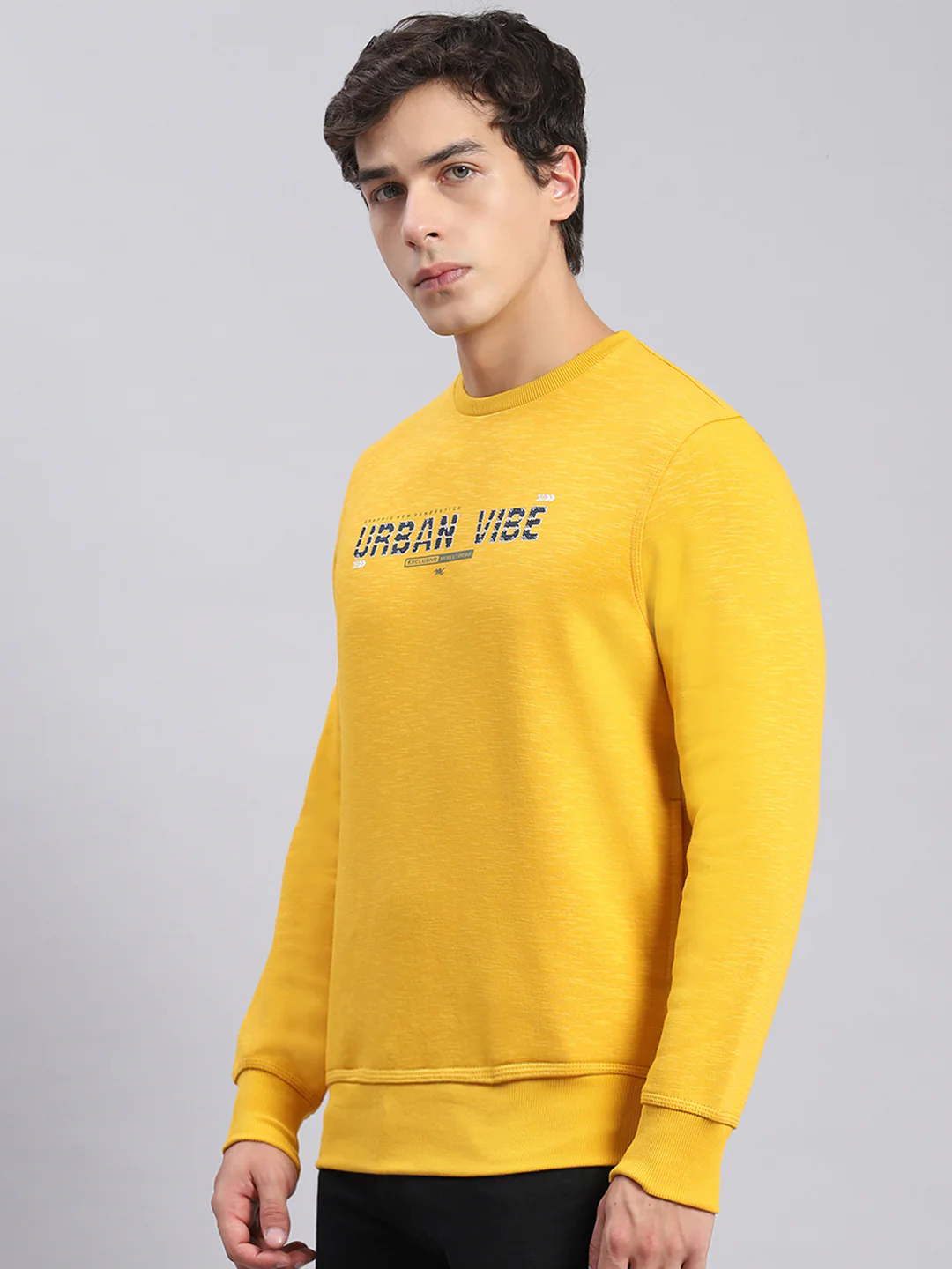 Men Yellow Solid Round Neck Full Sleeve Sweatshirts - Image 3
