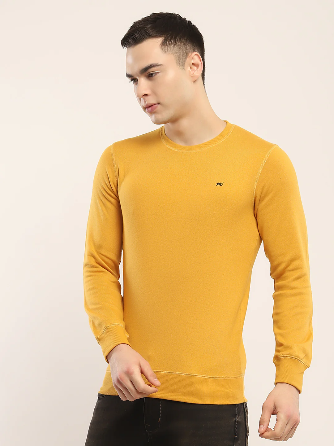 Men Yellow Solid Round Neck Full Sleeve Winter T-Shirt - Image 3