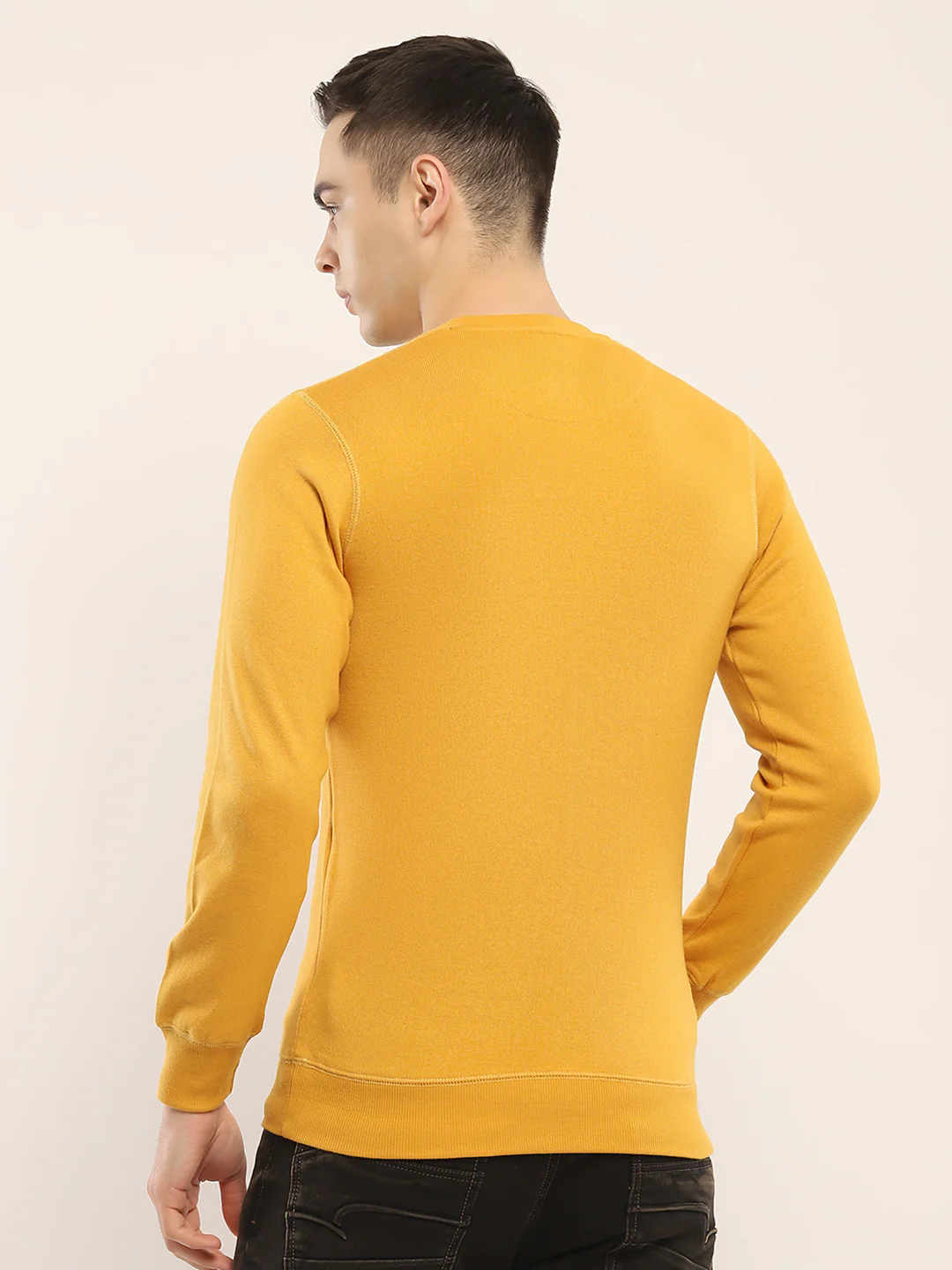 Men Yellow Solid Round Neck Full Sleeve Winter T-Shirt - Image 5