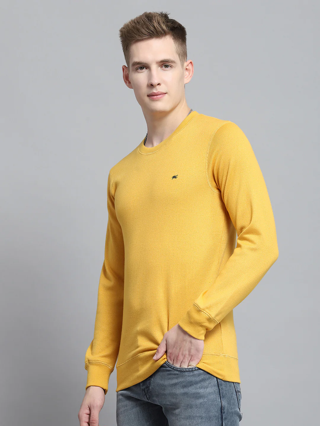 Men Yellow Solid Round Neck Full Sleeve Winter T-Shirt - Image 3