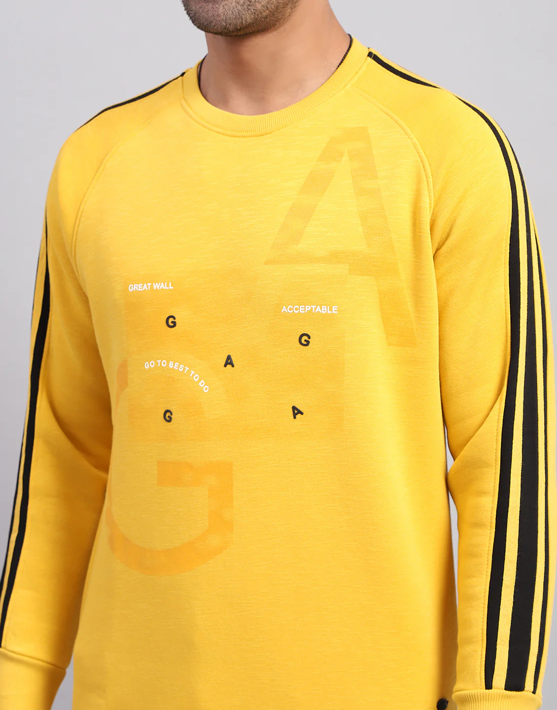 Men Yellow Printed Round Neck Full Sleeve Sweatshirt - Image 6