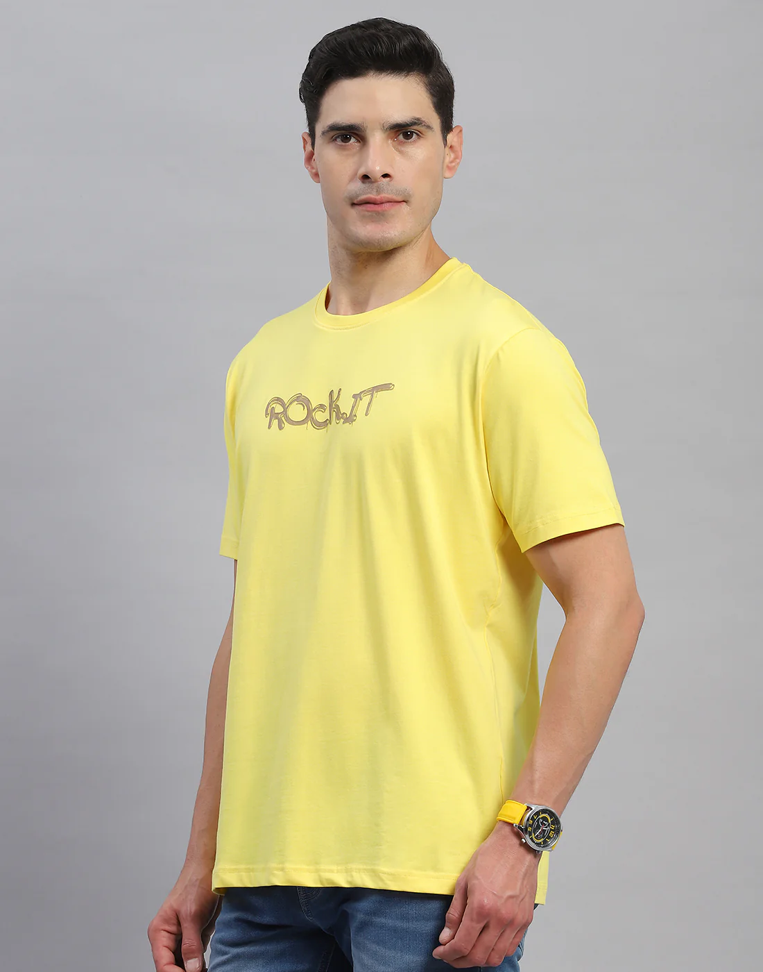 Rock.it Men Yellow Solid Round Neck Half Sleeve T-Shirt - Image 3
