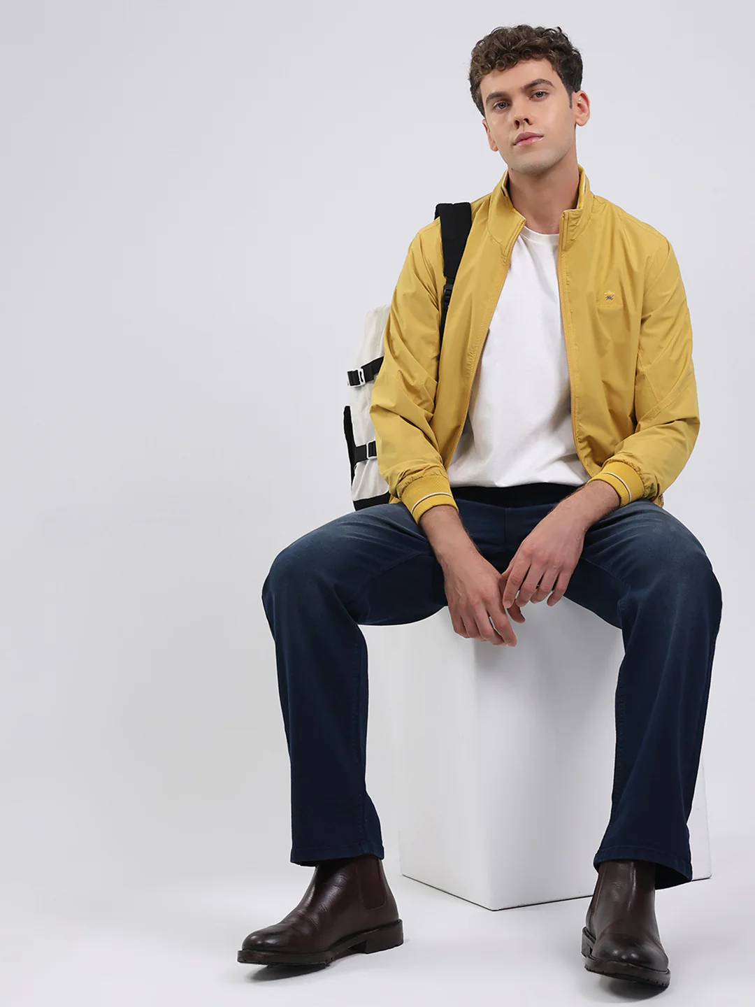 Men Yellow Solid Stand Collar Full Sleeve Jacket - Image 2