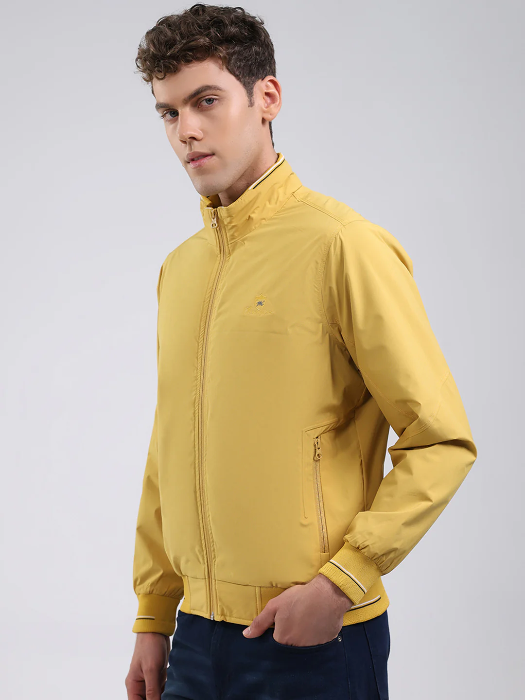 Men Yellow Solid Stand Collar Full Sleeve Jacket - Image 3