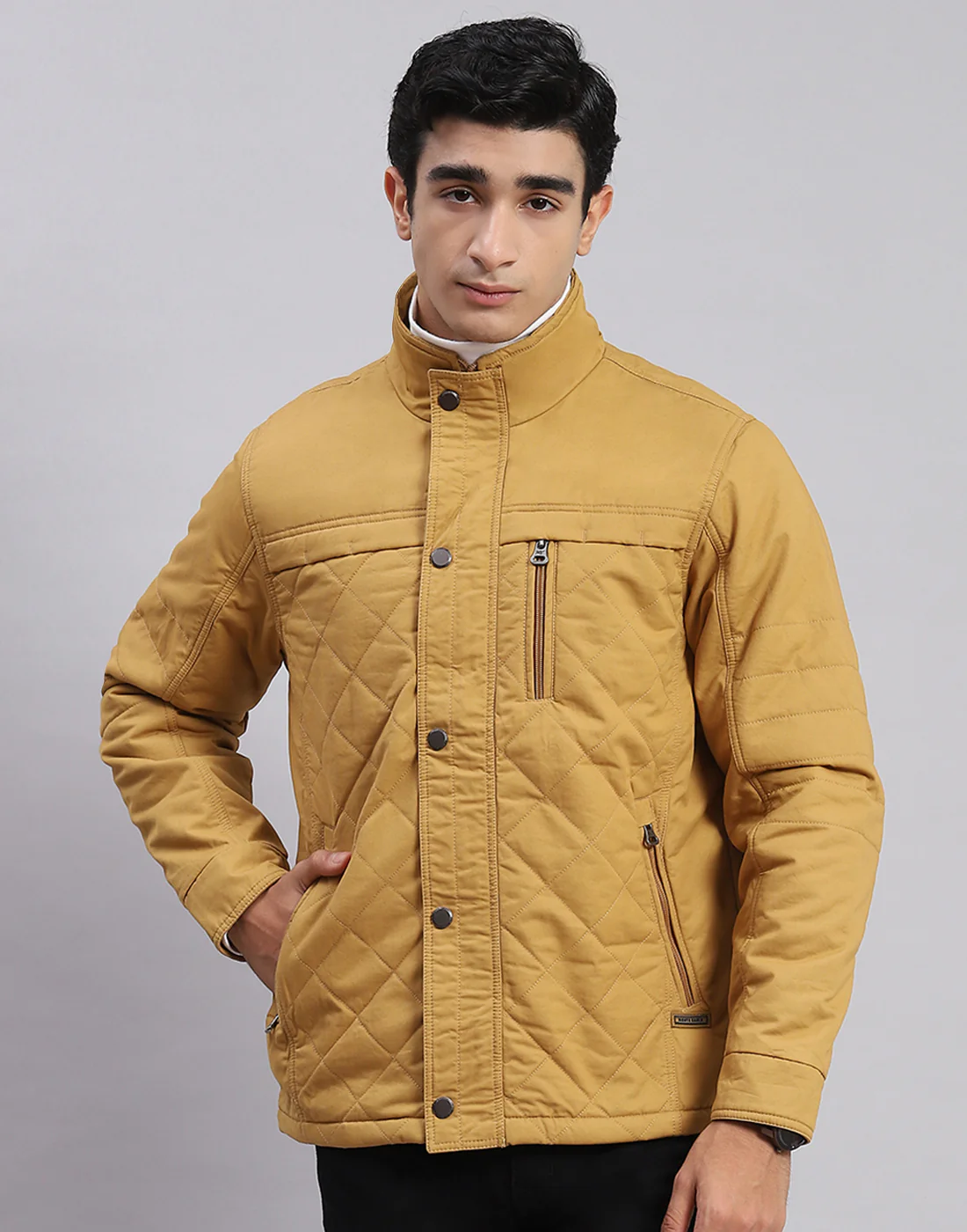Men Yellow Solid Stand Collar Full Sleeve Jackets - Image 2