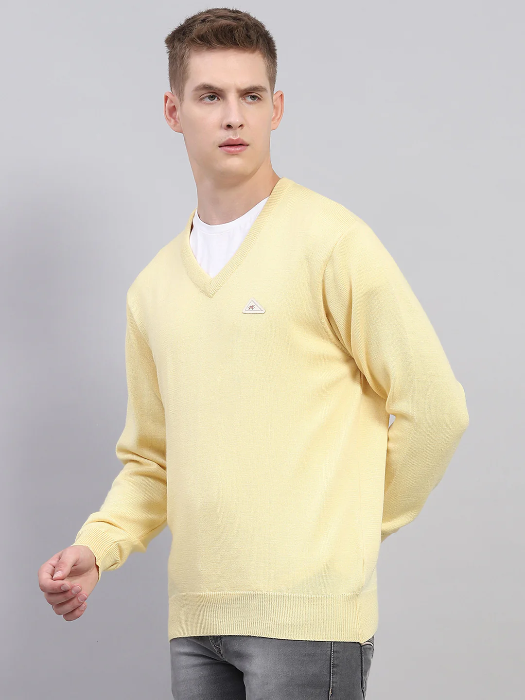 Men Yellow Solid V Neck Full Sleeve Pullover - Image 3