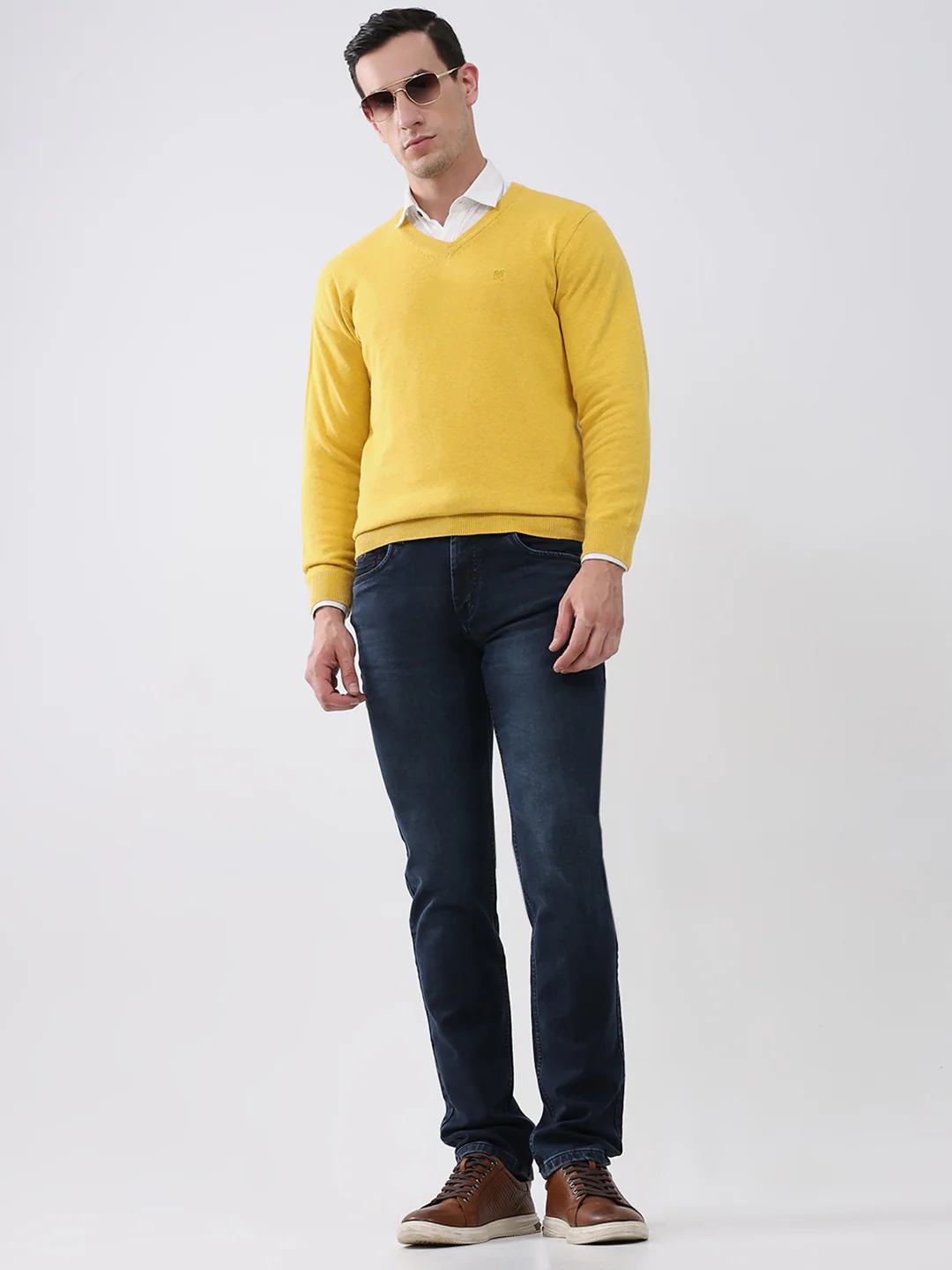 Men Yellow Solid V Neck Full Sleeve Pullover - Image 2
