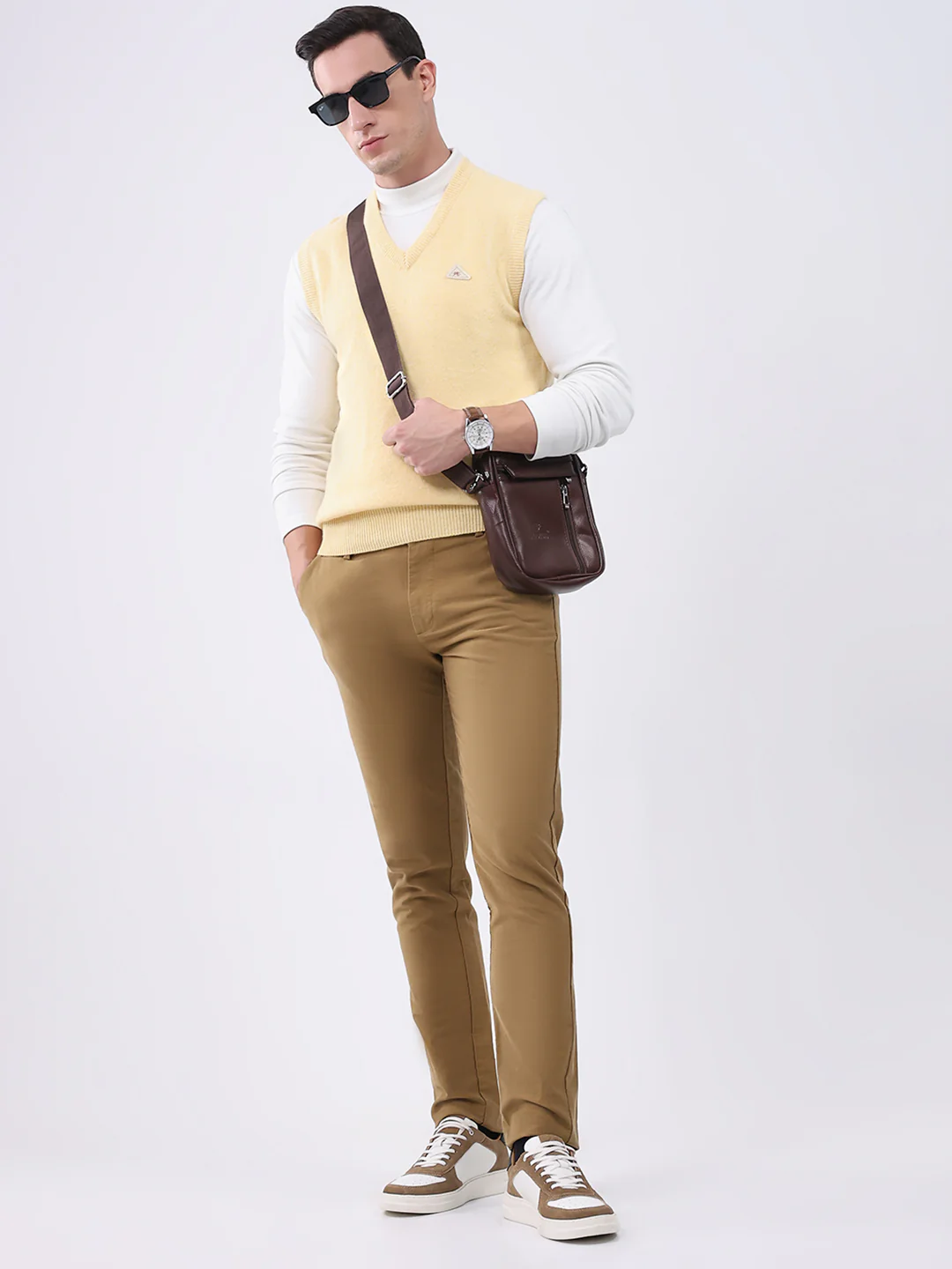 Men Yellow Solid V Neck Sleeveless Sweater - Image 2