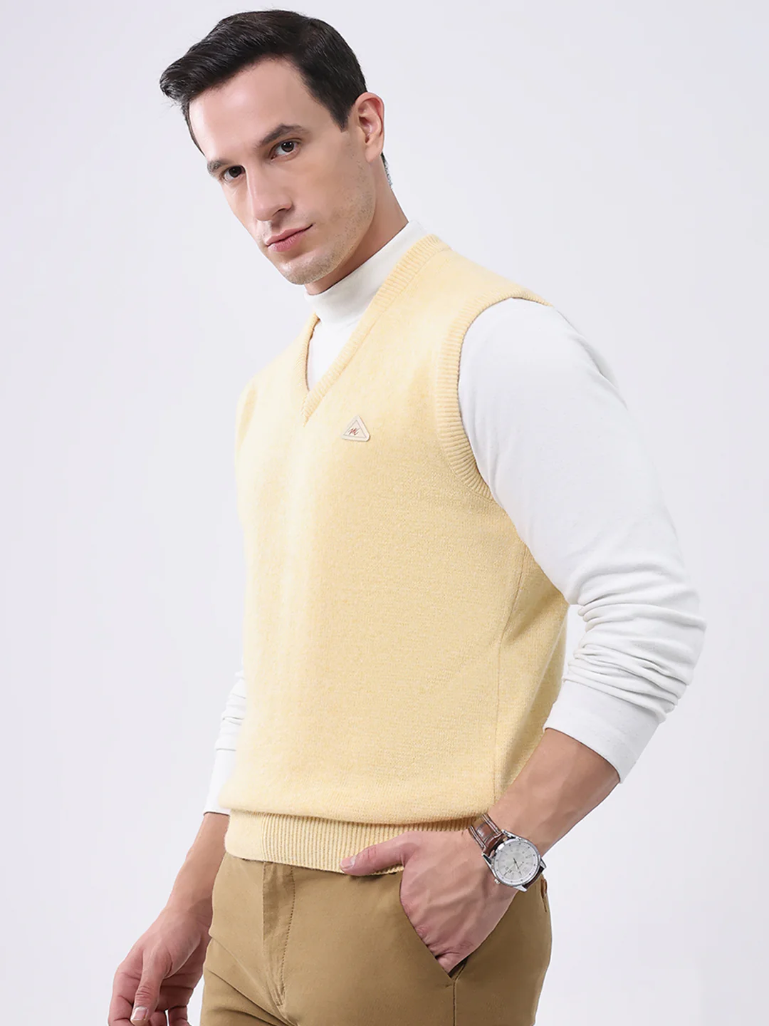 Men Yellow Solid V Neck Sleeveless Sweater - Image 3