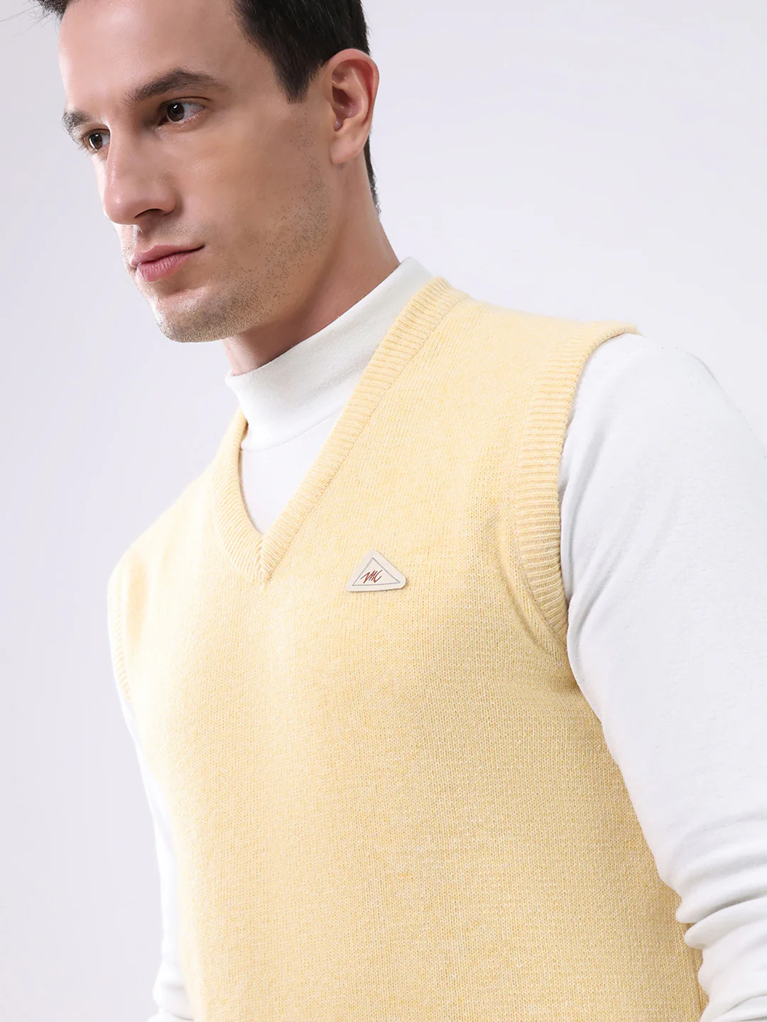 Men Yellow Solid V Neck Sleeveless Sweater - Image 6