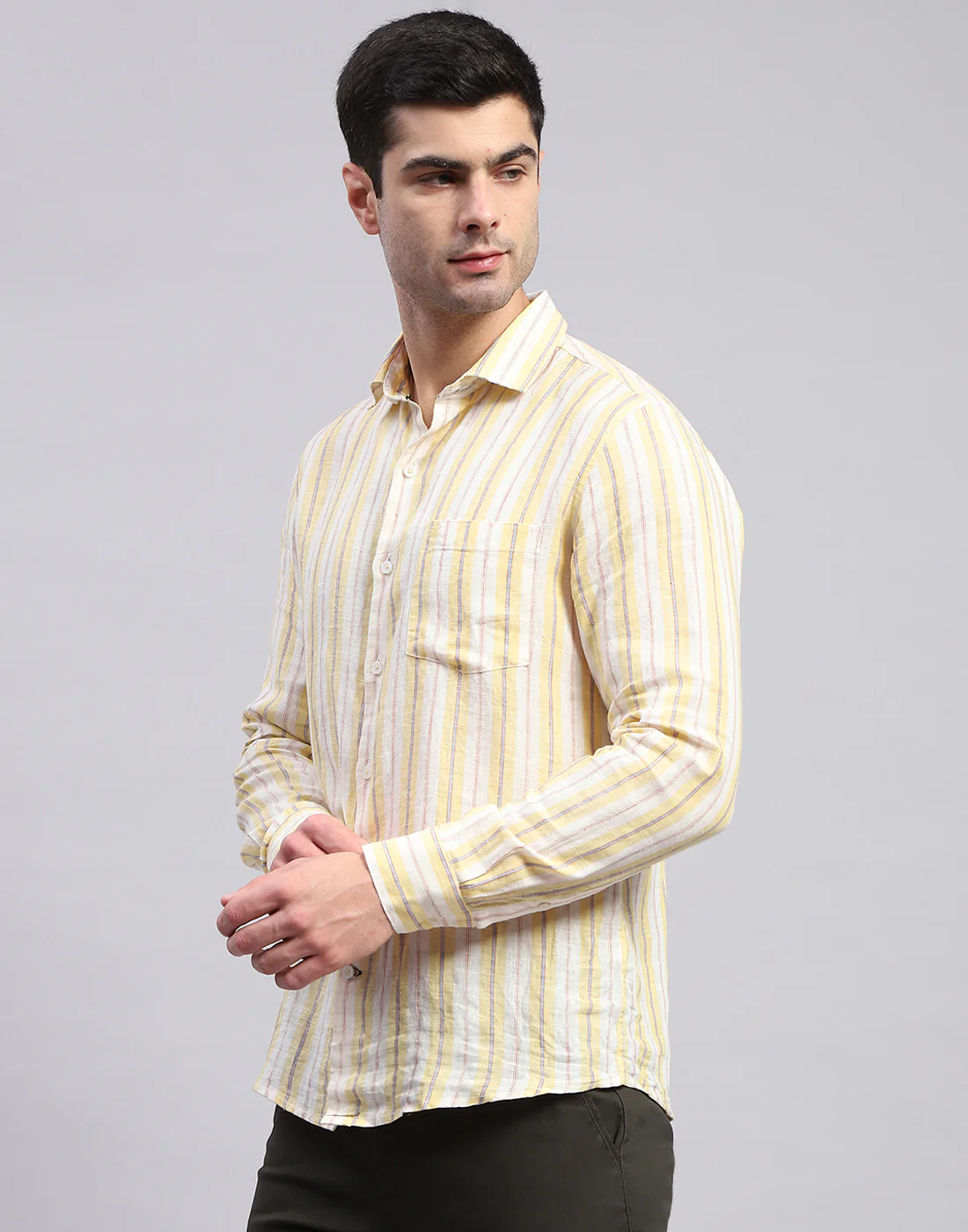 Men Yellow Stripe Collar Full Sleeve Linen Shirt - Image 4