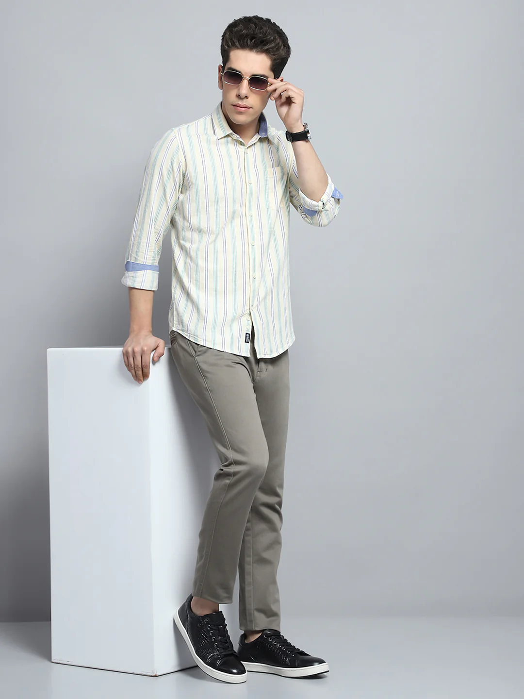 Men Yellow Stripe Collar Full Sleeve Shirt - Image 2