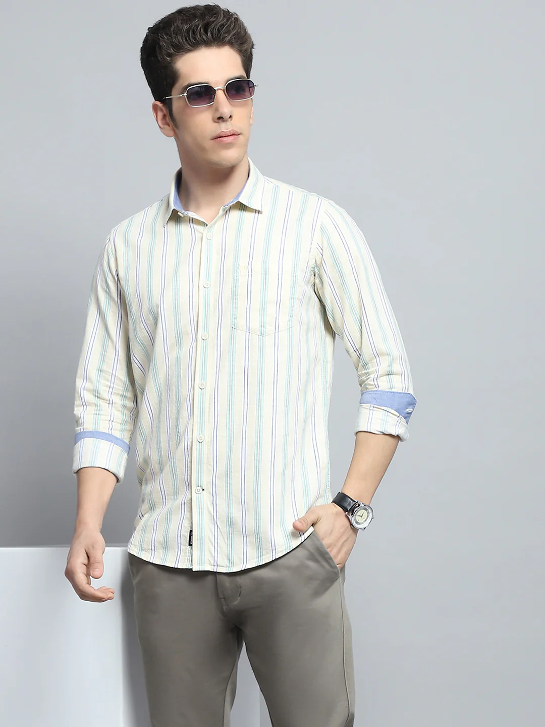 Men Yellow Stripe Collar Full Sleeve Shirt - Image 6