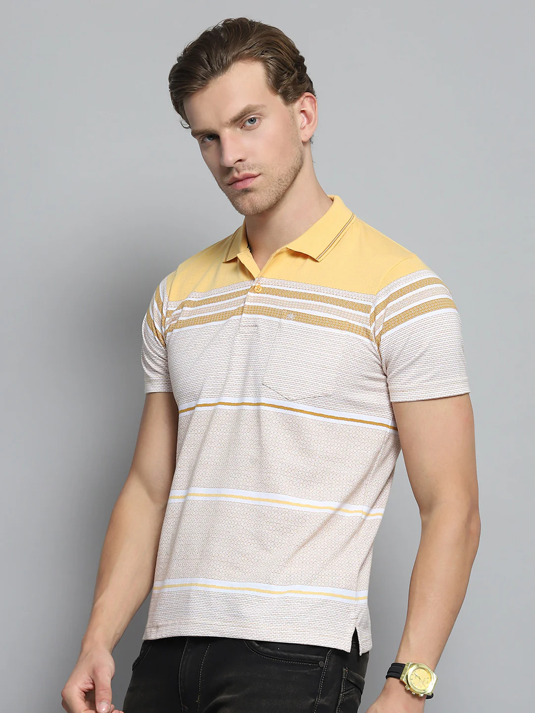Men Yellow Stripe Collar Half Sleeve T-Shirt - Image 3