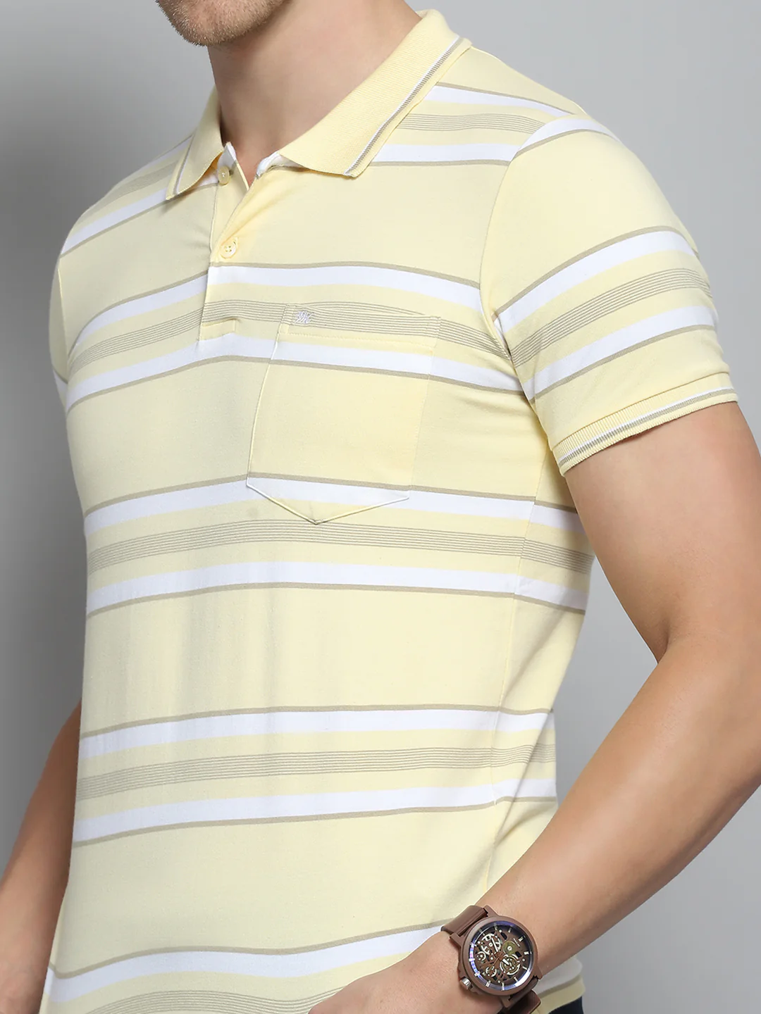 Men Yellow Stripe Collar Half Sleeve T-Shirt - Image 7