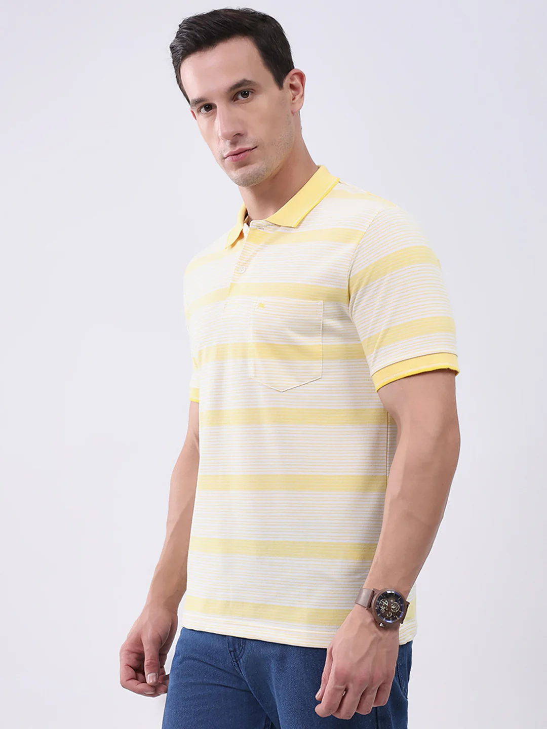 Men Yellow Stripe Collar Half Sleeve T-Shirt - Image 3