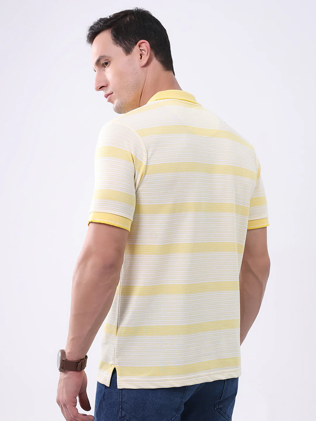 Men Yellow Stripe Collar Half Sleeve T-Shirt - Image 5