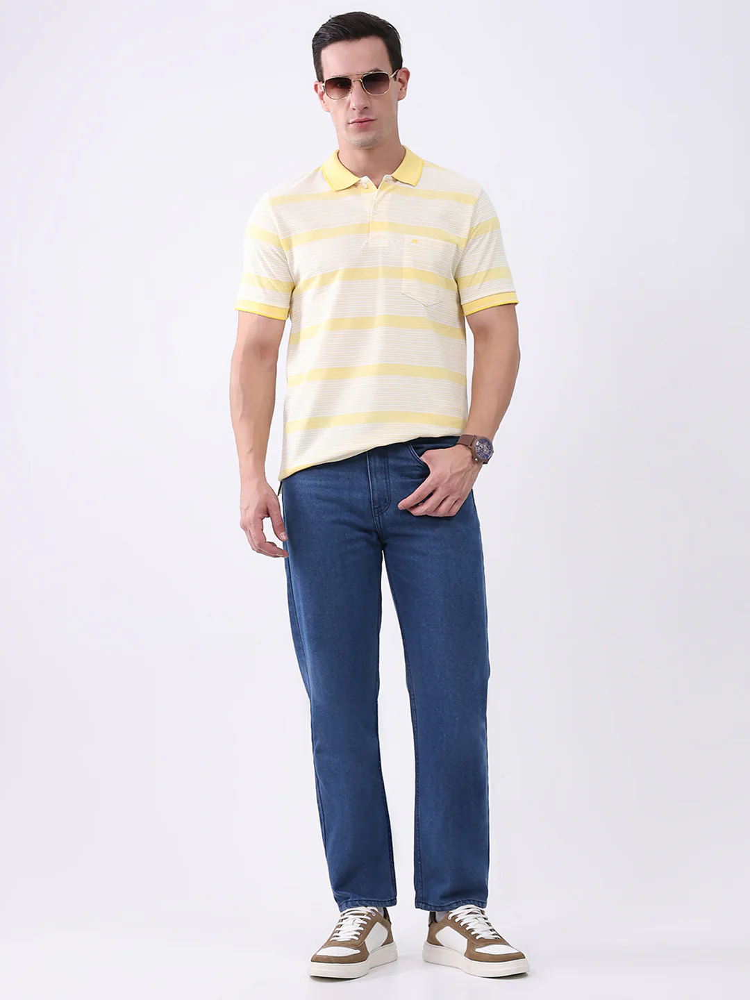 Men Yellow Stripe Collar Half Sleeve T-Shirt - Image 6