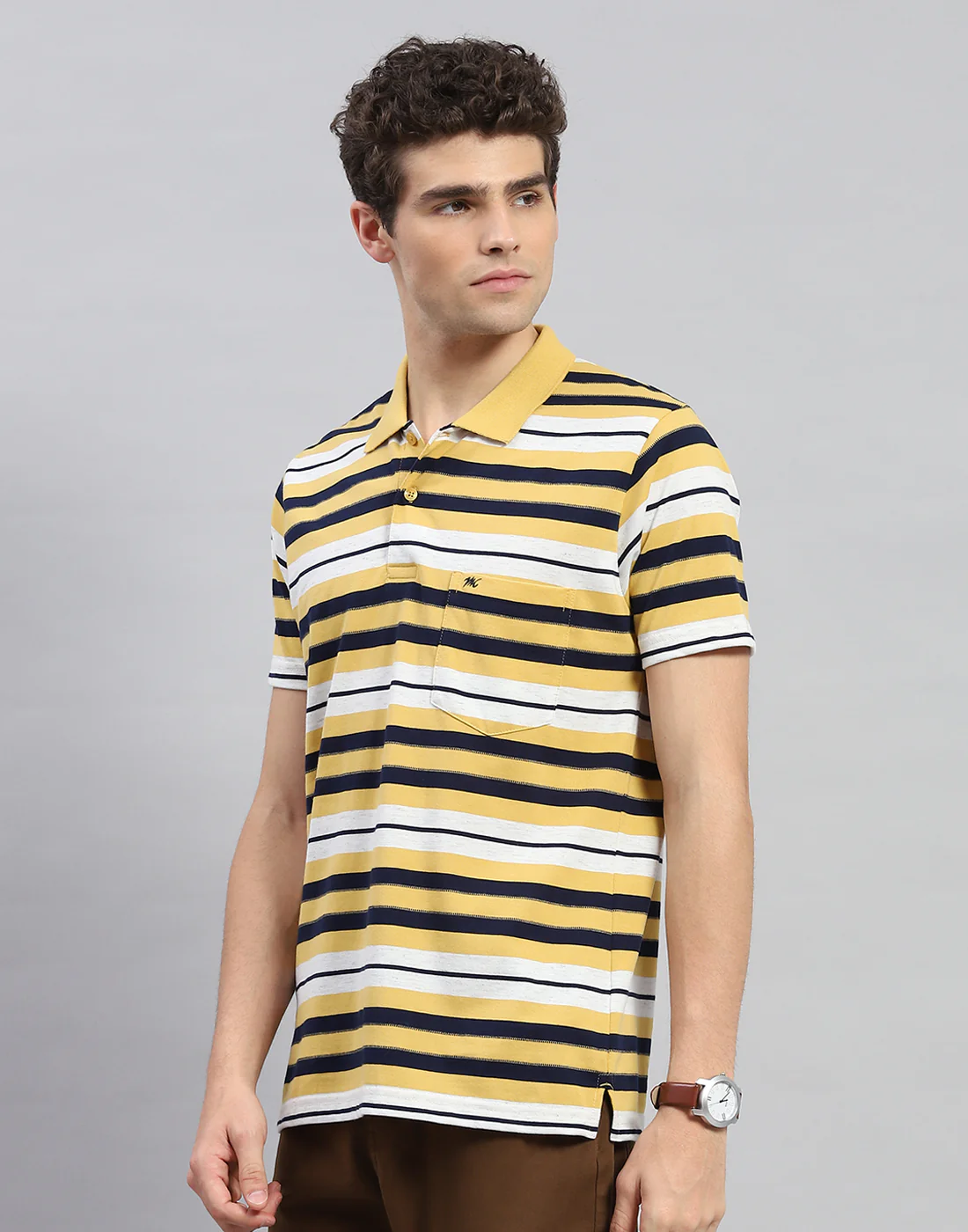 Men Yellow Stripe Polo Collar Half Sleeve T-Shirt - Image 3