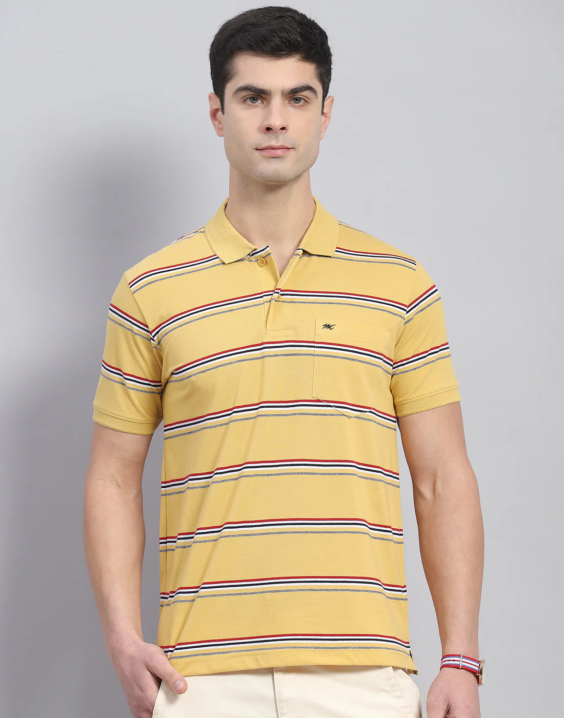 Men Yellow Stripe Polo Collar Half Sleeve T-Shirt - Image 3