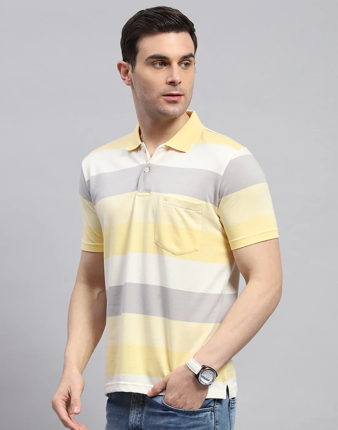 Men Yellow Stripe Polo Collar Half Sleeve T-Shirt - Image 3
