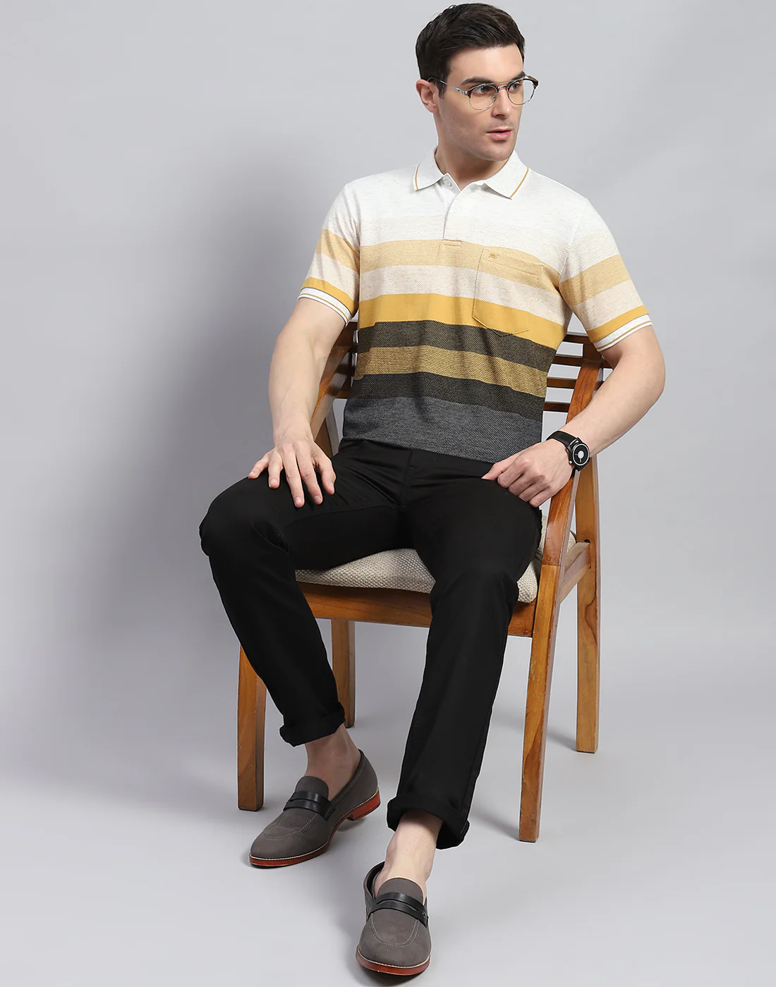Men Yellow Stripe Polo Collar Half Sleeve T-Shirt - Image 2