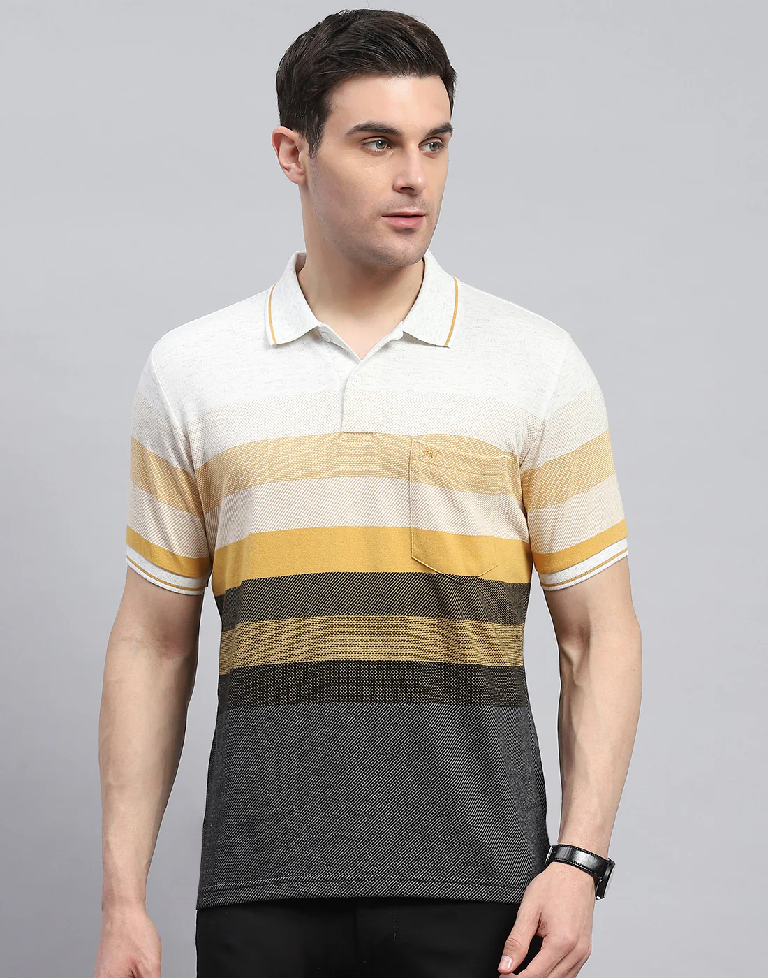 Men Yellow Stripe Polo Collar Half Sleeve T-Shirt - Image 3