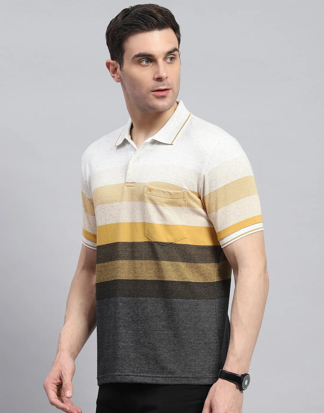 Men Yellow Stripe Polo Collar Half Sleeve T-Shirt - Image 4