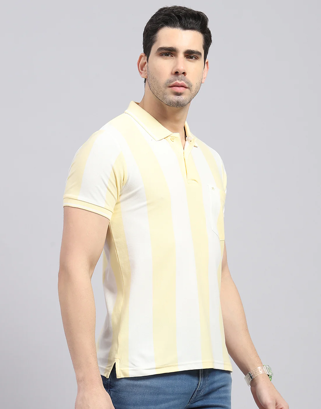 Men Yellow Stripe Polo Collar Half Sleeve T-Shirt - Image 5